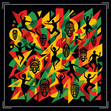 Rasta Dance Celebration: African Masks and Silhouettes on Geometric Background