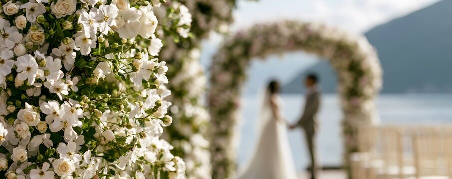 Romantisches Brautpaar Unscharf unter einem Wei&szlig;en Blumenbogen bei einer Hochzeitszeremonie am See mit Bergkulisse