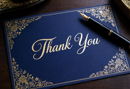Elegant dark blue thank you card with decorative gold border and fountain pen
