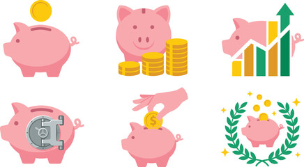 Piggy Bank Vector Icon Set Featuring Pink Piglets Gold Coin Stacks Safe Vaults and Growth Charts for Personal Finance Savings Designs © Rownok