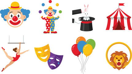 Fototapeta premium Circus and Carnival Entertainment Vector Icon Set Featuring Juggling Clowns Magic Tricks Trapeze Artists Lions and Festive Striped Big Top Tents