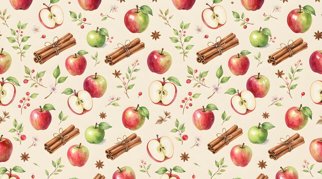 Watercolor Seamless Pattern of Red and Green Apples with Cinnamon Sticks on Cream Background
