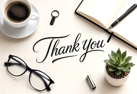 Flat lay arrangement of thank you message with coffee notebook glasses and succulent plant on table