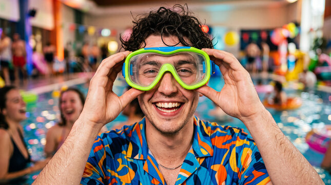 Happy young man wearing swimming goggles at indoor water park swimming pool