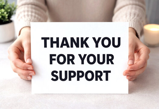 Grateful person holding thank you for your support sign in cozy indoor setting