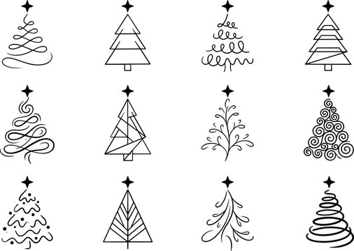 Minimalist Christmas tree line art vector set isolated on white background geometric linear pine fir trees holiday flourish icon