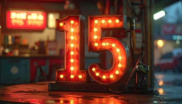 Bright Neon Number Fifteen Sign on Wet Bar Counter