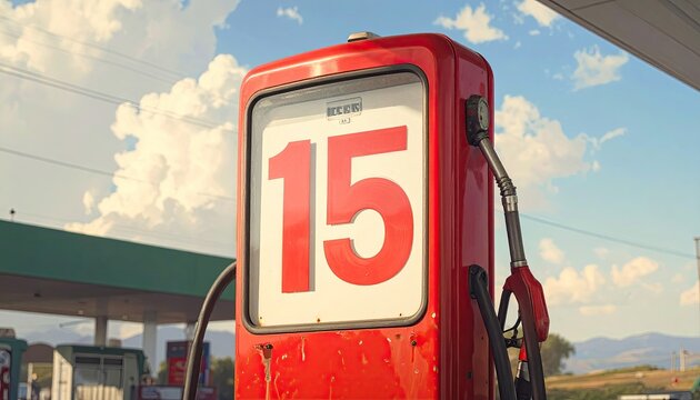 Bright Red Gas Pump with Large Number 15 at Outdoor Station