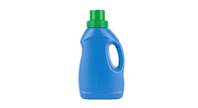 Blue plastic bottle with green cap for laundry detergent or cleaning liquid