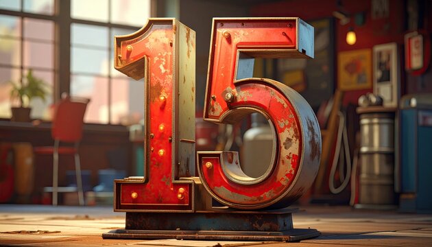 Rusty Red Neon Fifteen Sign in Retro Workshop