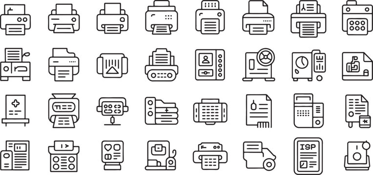 Collection of various office printer scanner fax machine icons isolated on transparent background