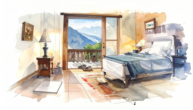 Bright Spacious Bedroom with Balcony View and Painted Floors
