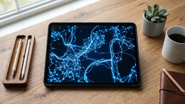 Abstract glowing blue neural network animation playing on a digital tablet