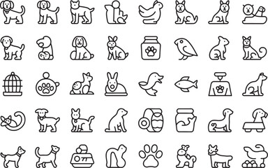Naklejka premium Collection of various stylized pet and animal icons in minimalist line art design