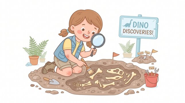 Cute Child Paleontologist Excavating Dinosaur Fossils Cartoon Vector Style