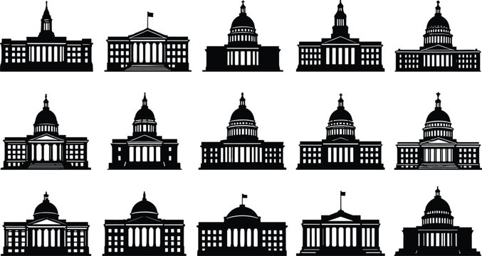 Government Capitol Building Silhouette Collection with Classical Civic Architecture Vector Set