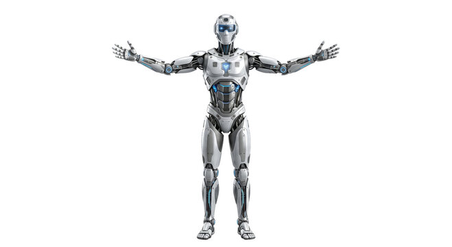 Advanced humanoid robot with open arms, showcasing futuristic technology and artificial intelligence