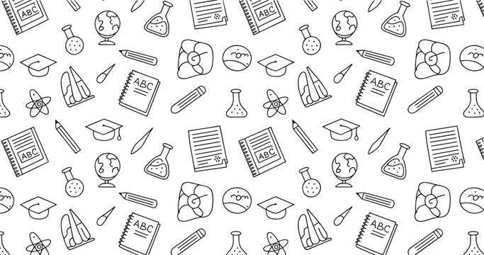 Hand drawn seamless pattern of school and science education icons with notebooks pencils globes and chemistry beakers