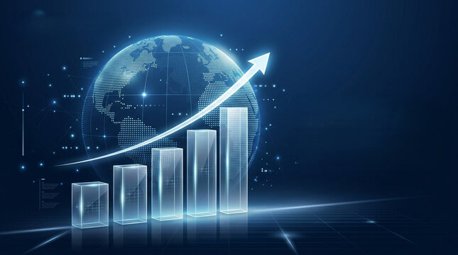 Digital business growth concept featuring a glowing 3D bar graph with five glass pillars and a rising white arrow set against a holographic world globe on a dark blue background.
