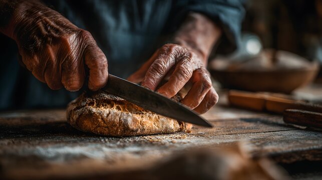 Elderly baked hands slicing fresh rustic bread