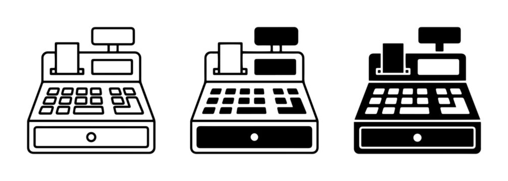 Cash Register Icons, Vintage Calculator Machine Vector Set, Retail Transaction Equipment