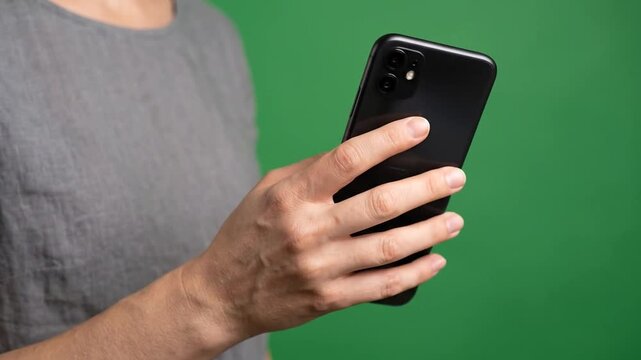 Close Up of Person Holding Smartphone Against Green Screen Background