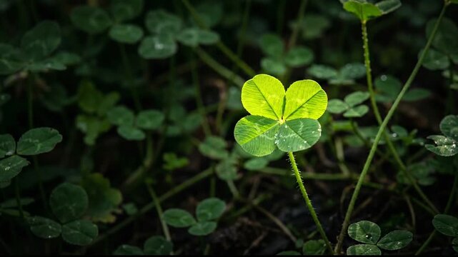 Close-up of a rare four-leaf clover glowing under a ray of sunlight in a dark forest.