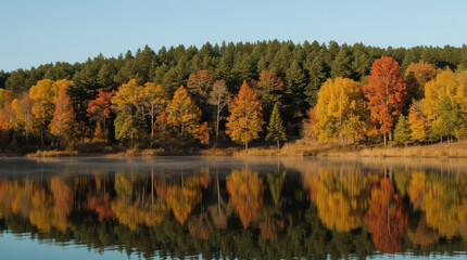 Obraz premium Autumn woodland reflecting on calm lake with colorful trees and serene morning light