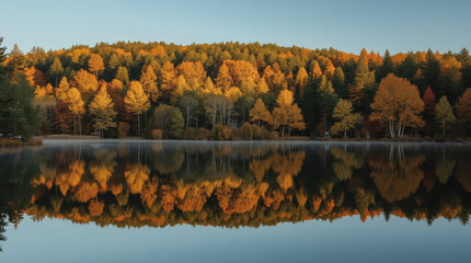 Autumn forest reflection lake calm mirror water golden trees serene mood © siraphol