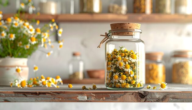 Tarro de cristal con flores secas de manzanilla sobre una mesa en una cocina luminosa con ambiente natural y artesanal