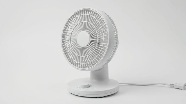 Electric desk fan operating against a clean white studio background