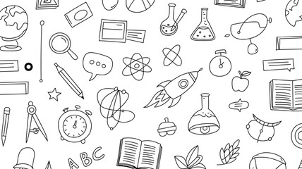 Hand-drawn educational science and space doodle pattern background with laboratory equipment and school supplies for kids classroom design projects