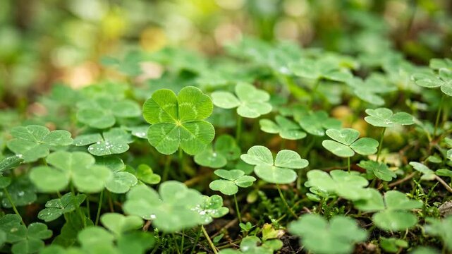 Four Leaf Clover Growing in Meadow for Lucky Charm and St Patrick Day