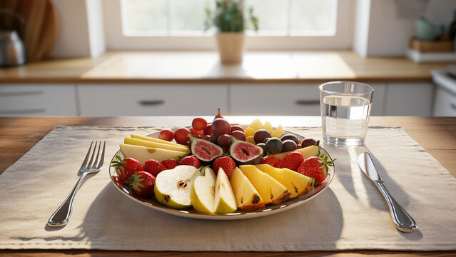 Fresh fruit platter with strawberries pears figs grapes and water for breakfast