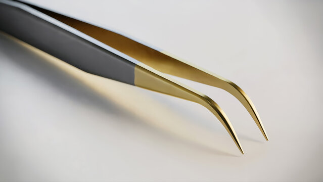 Black and gold precision tweezers on white background for beauty and medical tools
