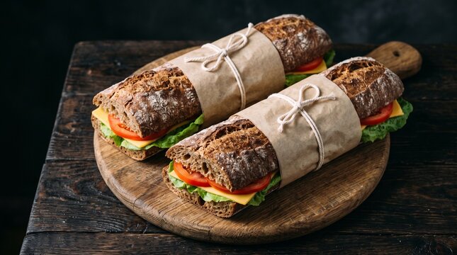 Fresh Baguette Sandwiches Wrapped in Craft Paper on Wooden Board
