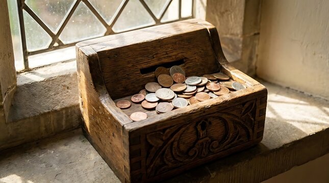 Wooden donation box filled with coins on stone.