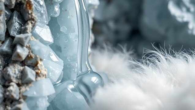 Abstract sensory texture background with rough blue celestite crystal geode liquid silver and soft white wool