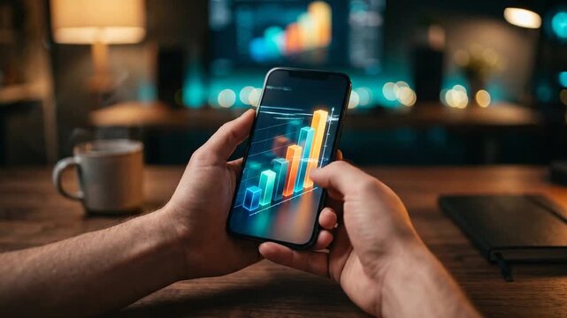 Man using smartphone analyzing business growth chart data in office at night