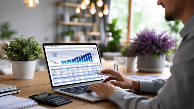 Man's hands typing on laptop displaying financial growth chart with shallow depth of field during a bright day
