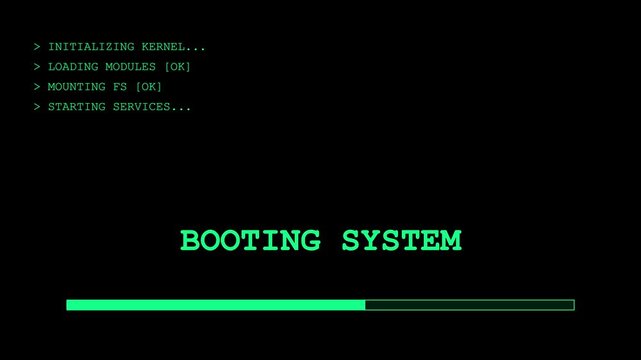 Booting system interface with progress bar and terminal command line console loading screen animation 4k