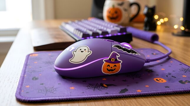Halloween themed computer mouse with stickers on a purple desk mat