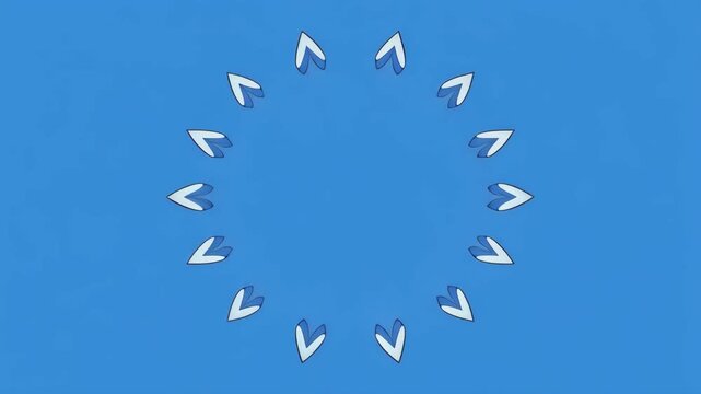 Abstract floral motifs in motion against a bright blue background with black bars