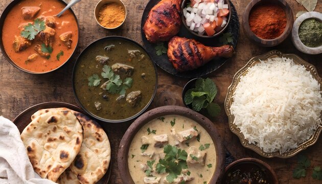 Indian food spread on table. Traditional Asian cuisine dishes with naan bread and rice.
