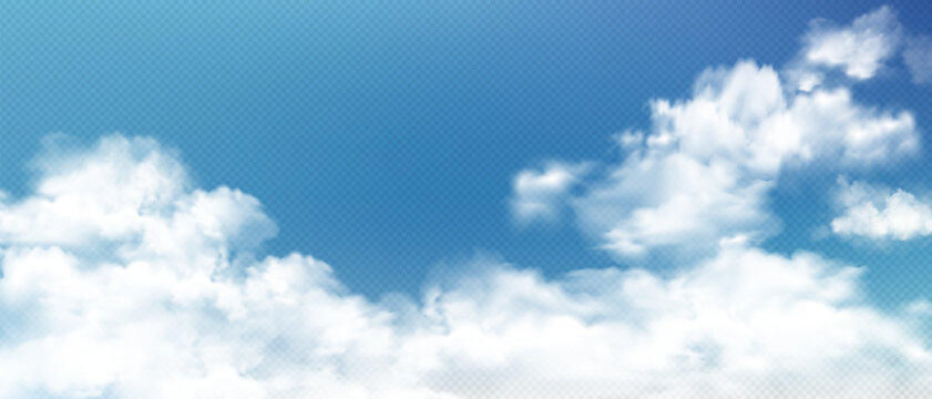 Landscape of fluffy white cloud and blue sky. Summer sky or winter fog pattern. Nature or weather element on transparent background. Fire smoke, mist, smog or vapor overlay texture. Smoking air effect