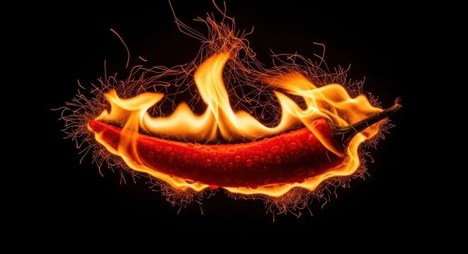 A single red hot chili pepper engulfed in bright orange flames isolated against a dark black background for food design