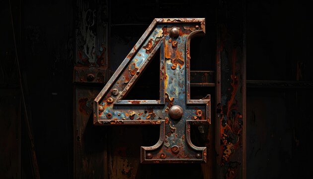 Rusty Industrial Number Four Sign on Dark Wall