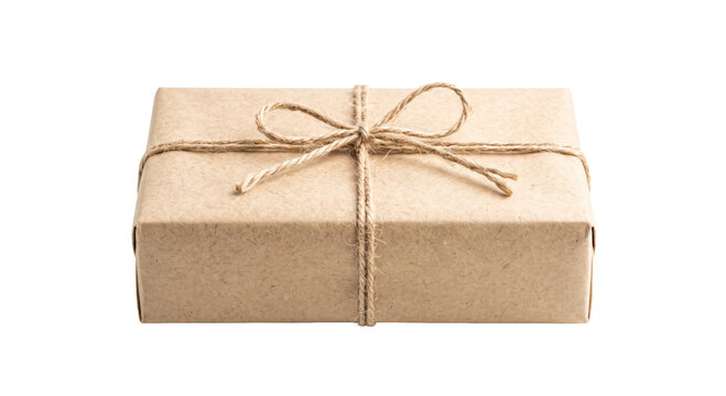 Simple brown paper package tied with natural twine and a bow