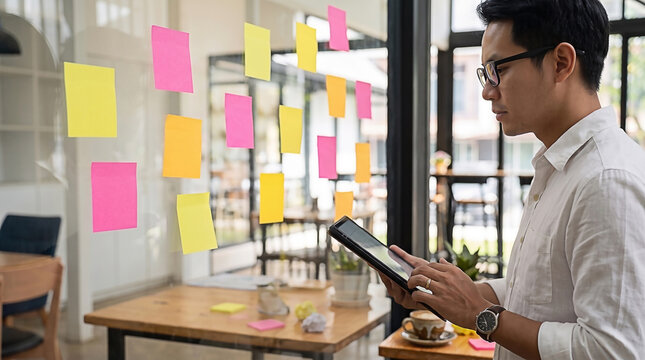 Young man in eyeglasses using a tablet near a glass wall covered with colorful sticky notes, symbolizing creative brainstorming and collaborative idea generation in a modern office setting