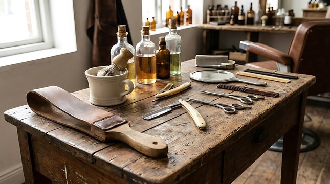 Antique barber tools on rustic wooden table.